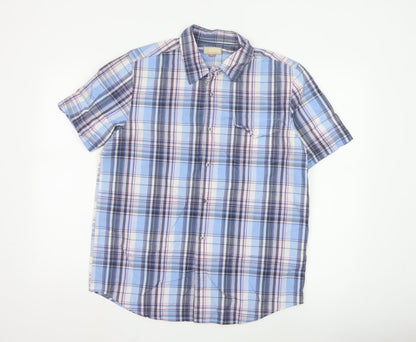 John Lewis Men Blue Checked Cotton Short Sleeve Button-Up Shirt Medium