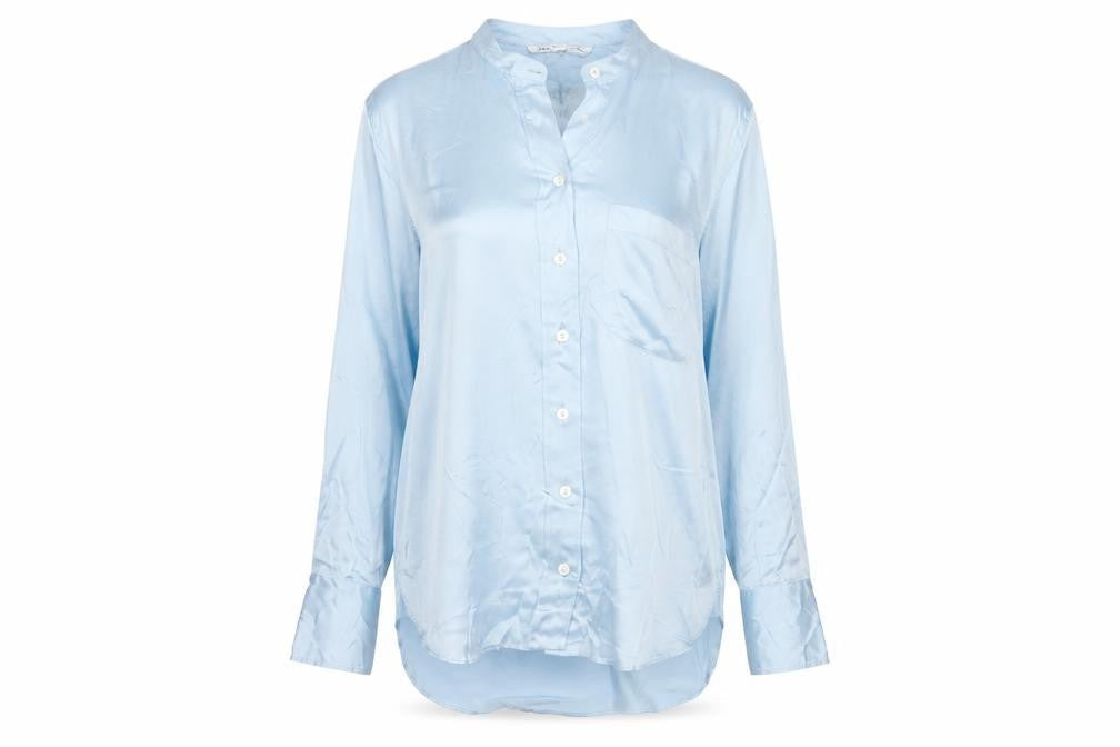Zara Women Blue Silk Button-Up Long Sleeve Shirt XS