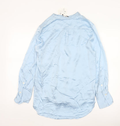 Zara Women Blue Silk Button-Up Long Sleeve Shirt XS