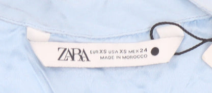 Zara Women Blue Silk Button-Up Long Sleeve Shirt XS