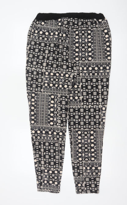 H&M Women Black & Beige Patterned Jogger Trousers Size 12