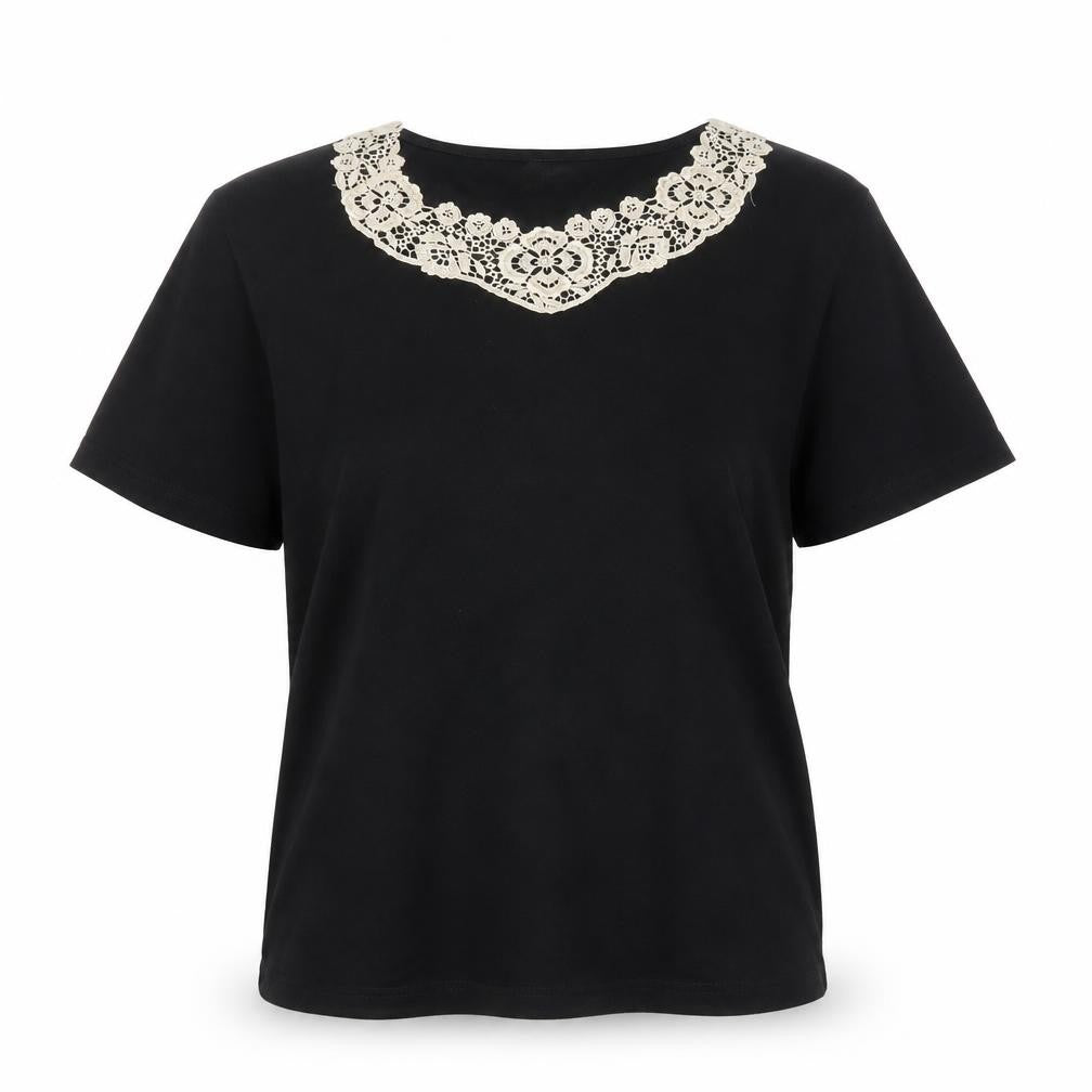 Eastex Women's Black Short Sleeve Lace Neck Viscose Blouse UK 14