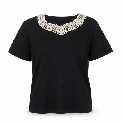 Eastex Women's Black Short Sleeve Lace Neck Viscose Blouse UK 14
