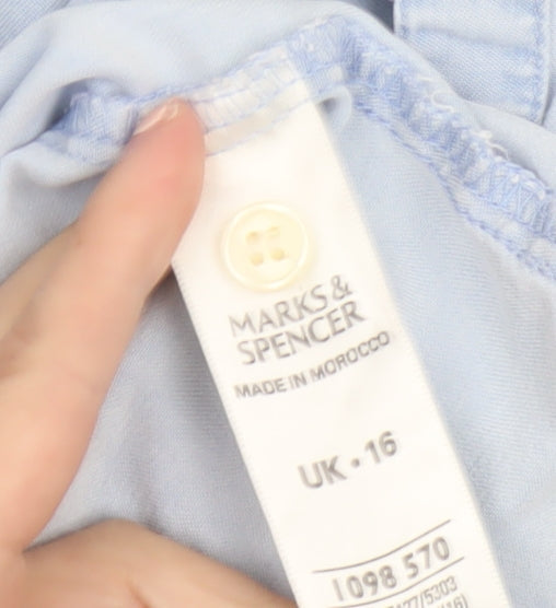 Marks and Spencer Women Blue Button-Up Short Sleeve Shirt Size 16