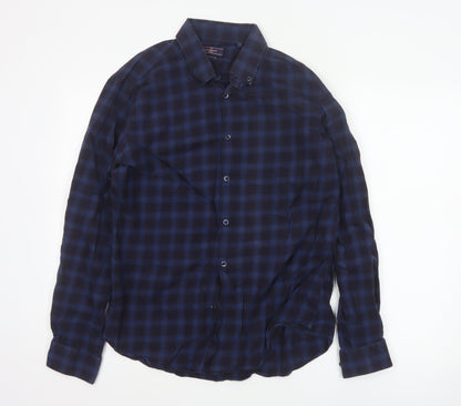 Luc Brevet Zürich Men's Blue Cotton Check Button-Up Shirt L