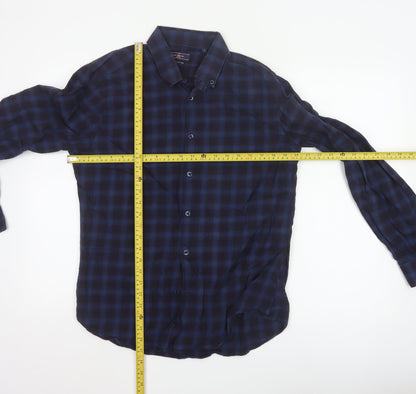 Luc Brevet Zürich Men's Blue Cotton Check Button-Up Shirt L