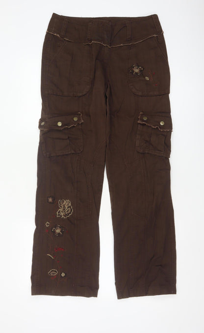 Next Women Brown Embroidered Cargo Trousers UK 10 Long Cotton