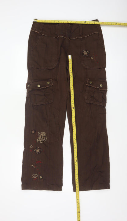 Next Women Brown Embroidered Cargo Trousers UK 10 Long Cotton