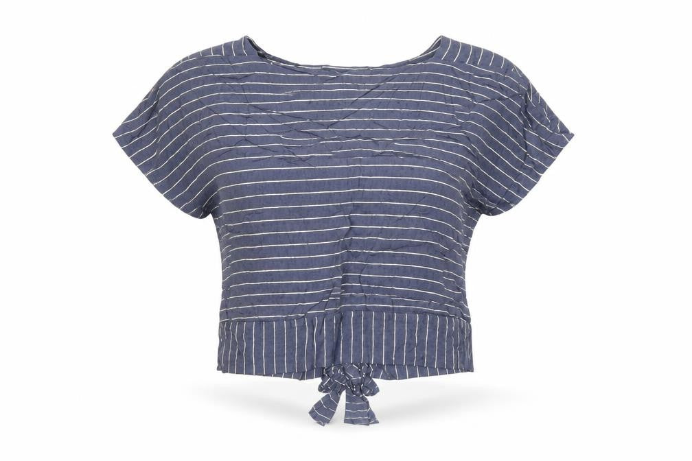 Oliver Bonas Women's Blue Striped Cropped Tie Blouse Size 12
