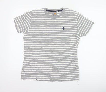 Carhartt Men's Grey White Striped Cotton Crew Neck T-Shirt Size S