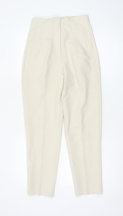 Zara Women Beige High Waist Tapered Trousers XS Polyester Blend