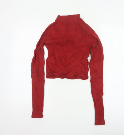 Zara Women Red Cropped High Neck Long Sleeve Cotton Top Size 12