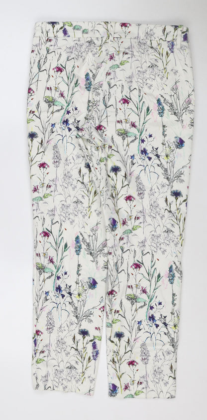 H&M Women White Floral Print Trousers Size 12 Straight Leg