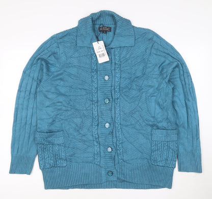 Castle of Ireland Women's Blue Wool Blend Collared Cable Knit Cardigan Size 20