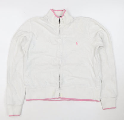 Ralph Lauren Women White Full Zip Hoodie M Cotton Pink Trim