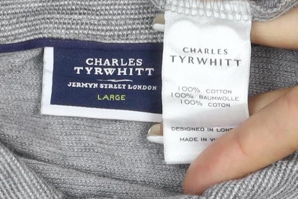 Charles Tyrwhitt Men's Grey Cotton Striped Polo Shirt Size L
