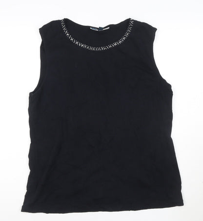Karen Scott Women's Black XL Beaded Round Neck Sleeveless Cotton Tank Top