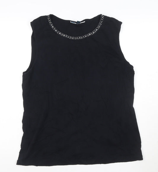 Karen Scott Women's Black XL Beaded Round Neck Sleeveless Cotton Tank Top