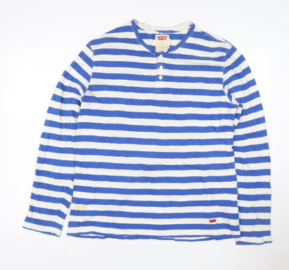 Levi's Women's Blue White Striped Henley Long Sleeve Cotton Top Size L