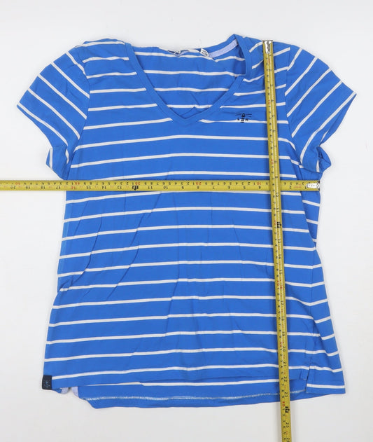 Lighthouse Women Blue Striped V-Neck Cotton T-Shirt Size 10