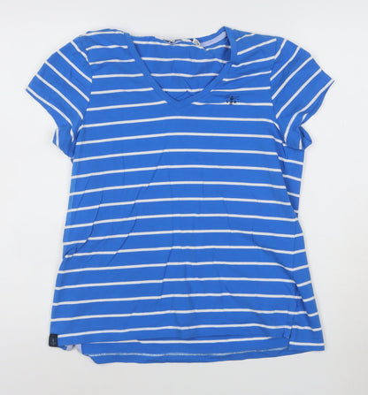 Lighthouse Women Blue Striped V-Neck Cotton T-Shirt Size 10