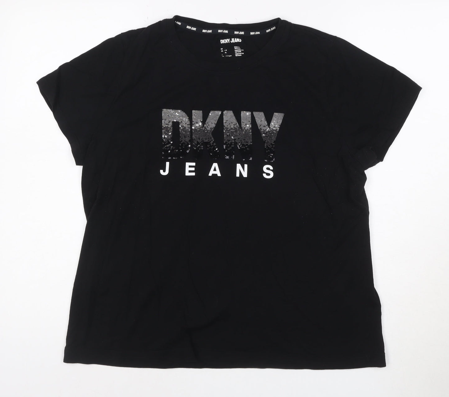 DKNY Jeans Women's Black Sequin Logo T-Shirt Size XL