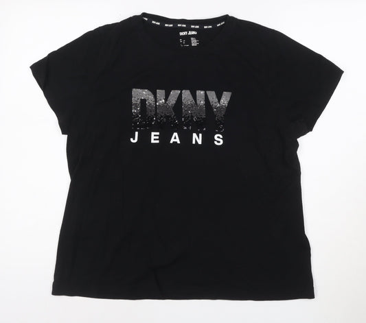 DKNY Jeans Women's Black Sequin Logo T-Shirt Size XL