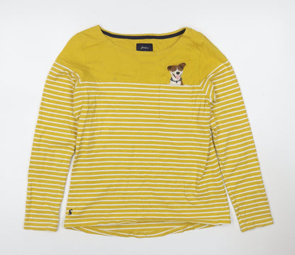 Joules Women’s Yellow Stripe Dog Embroidered Long Sleeve Cotton T-Shirt Size 10