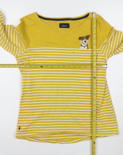 Joules Women’s Yellow Stripe Dog Embroidered Long Sleeve Cotton T-Shirt Size 10