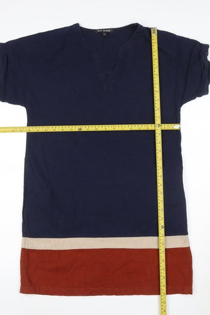 Next Women Blue Colourblock Linen Blend Short Sleeve Shift Dress Size 12