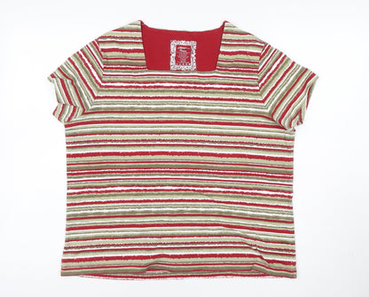Dash Women Red Striped Cotton Stretch Short Sleeve T-Shirt Size 20