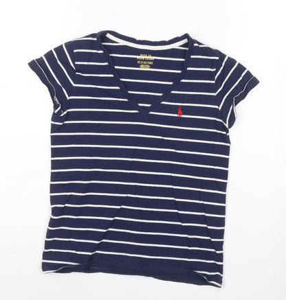 Ralph Lauren Women's Blue Striped V-Neck Cotton T-Shirt XS