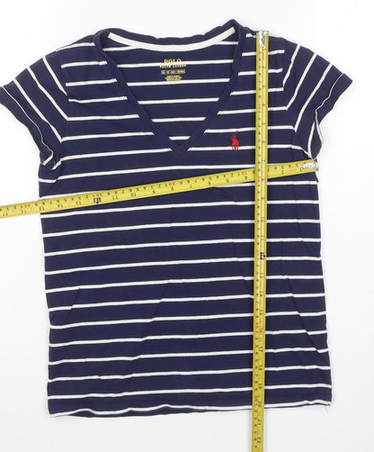 Ralph Lauren Women's Blue Striped V-Neck Cotton T-Shirt XS