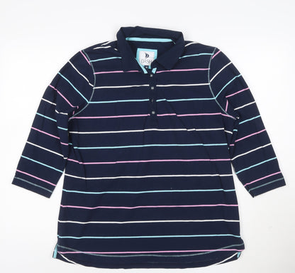Dash Womens Blue Striped Polo Shirt Size 16 Collared 3/4 Sleeve Cotton