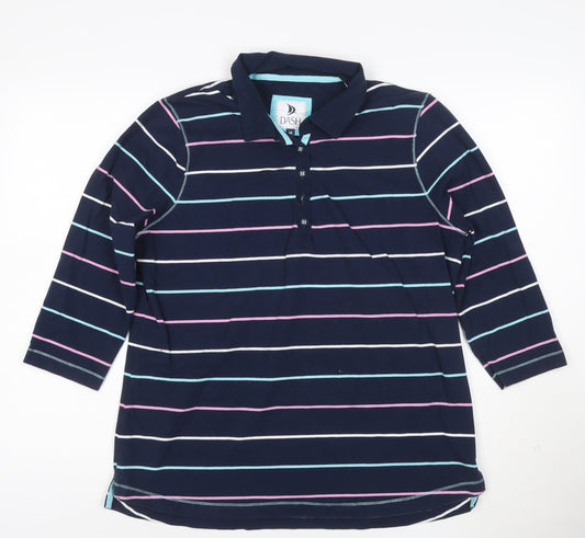 Dash Womens Blue Striped Polo Shirt Size 16 Collared 3/4 Sleeve Cotton