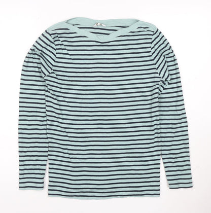 Cotton Traders Women’s Blue Striped Long Sleeve Boat Neck Cotton T-Shirt Size 10