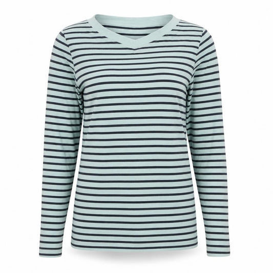 Cotton Traders Women’s Blue Striped Long Sleeve Boat Neck Cotton T-Shirt Size 10