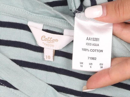 Cotton Traders Women’s Blue Striped Long Sleeve Boat Neck Cotton T-Shirt Size 10