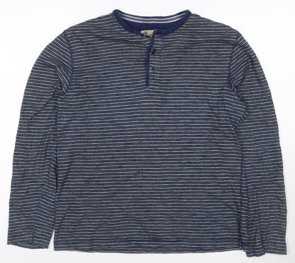 Marks and Spencer Men's Blue Striped Long Sleeve Henley T-Shirt Medium