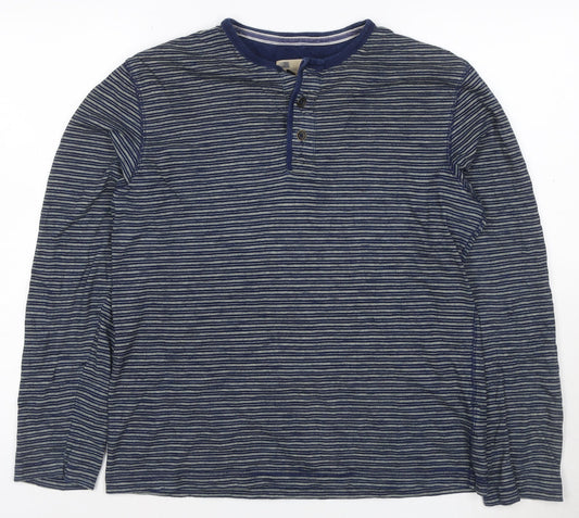 Marks and Spencer Men's Blue Striped Long Sleeve Henley T-Shirt Medium
