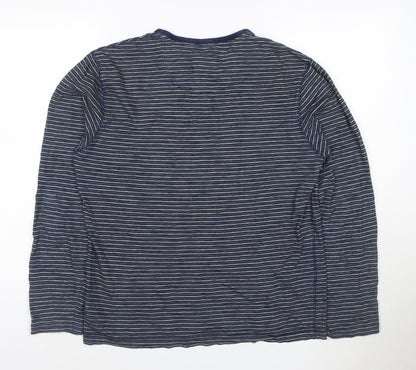 Marks and Spencer Men's Blue Striped Long Sleeve Henley T-Shirt Medium