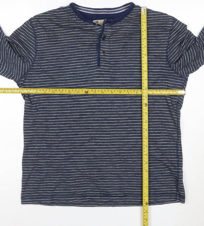 Marks and Spencer Men's Blue Striped Long Sleeve Henley T-Shirt Medium