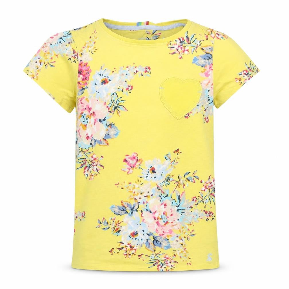 Front view of Joules girls’ yellow floral cotton t-shirt age 11 years short sleeve