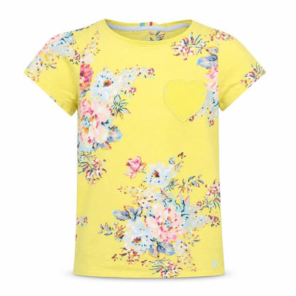 Front view of Joules girls’ yellow floral cotton t-shirt age 11 years short sleeve