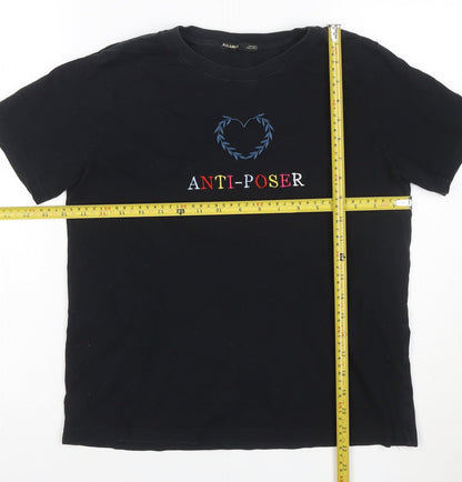 Pull&Bear Women Black Anti-Poser Embroidered Cotton T-Shirt S