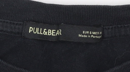 Pull&Bear Women Black Anti-Poser Embroidered Cotton T-Shirt S