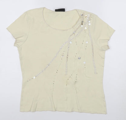 Principles Women's Beige Sequin Short Sleeve Cotton T-Shirt Size 14