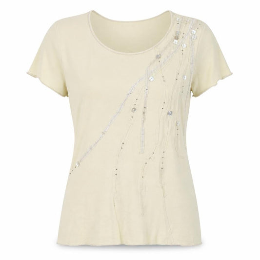 Front view of Principles Women's Beige Sequin Short Sleeve Cotton T-Shirt, size 14