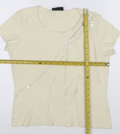 Principles Women's Beige Sequin Short Sleeve Cotton T-Shirt Size 14