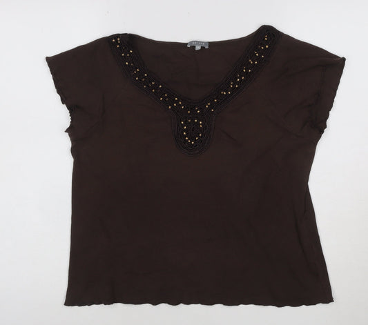 Marks and Spencer Per Una Women's Brown Beaded V-Neck Tunic Blouse Size 18
